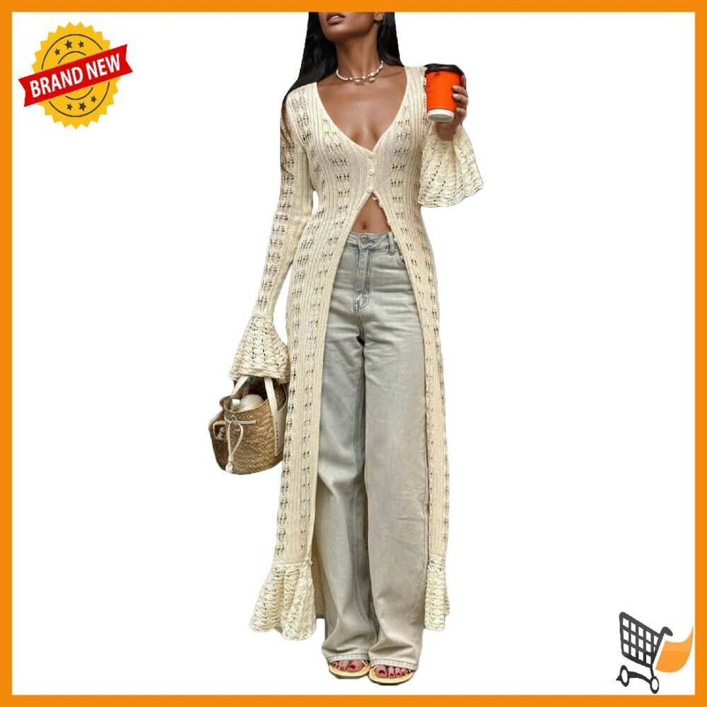 Long Crochet Hollow Out Cardigan Maxi Dress Button Down Boho